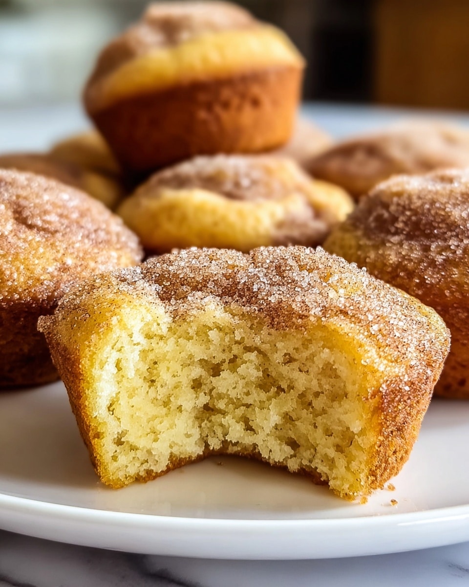 The image shows several small golden-brown muffins arranged on a white plate with a white marbled texture beneath. Each muffin has a rough, slightly rounded top that is sprinkled generously with granulated sugar and a light dusting of cinnamon, creating a textured, sparkly surface. The front muffin is bitten into, revealing its soft, light yellow interior with a fluffy and moist crumb. The muffins have a slightly darker crust on the bottom and edges, showcasing a well-baked exterior. The background is softly blurred, focusing attention on the muffins and their inviting texture. photo taken with an iphone --ar 4:5 --v 7