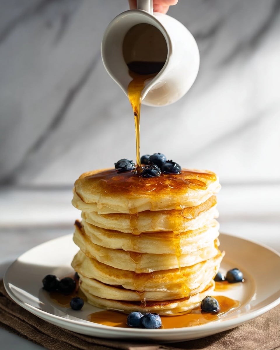 A stack of seven golden brown pancakes sits on a white plate, each pancake with a light, fluffy texture and slightly darker edges. Amber syrup is poured from a white small jug held by a woman's hand above, flowing down the sides, creating shiny, slippery layers of syrup on the pancakes and pooling on the plate. Fresh blueberries are placed around the base of the stack, adding small pops of dark blue color against the warm tones of the pancakes and syrup. The background is a soft, out-of-focus white marbled texture with gentle natural light highlighting the syrup’s glossiness and the pancakes’ round, layered shape. photo taken with an iphone --ar 4:5 --v 7