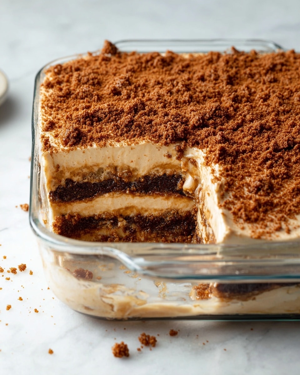 A glass square dish on a white marbled surface holds a layered dessert with four visible layers. The bottom three layers alternate between dark brown cake or cookie-like texture and a light tan creamy layer, with the darkest layers having a crumbly look. The top layer is a thick, smooth tan cream covered evenly with a coarse, rich brown crumb topping. A large section is scooped out from the corner, revealing the moist interior with some crumbs scattered around the dish. The clear glass dish has two handles on the sides, and the background is softly blurred. Photo taken with an iphone --ar 4:5 --v 7
