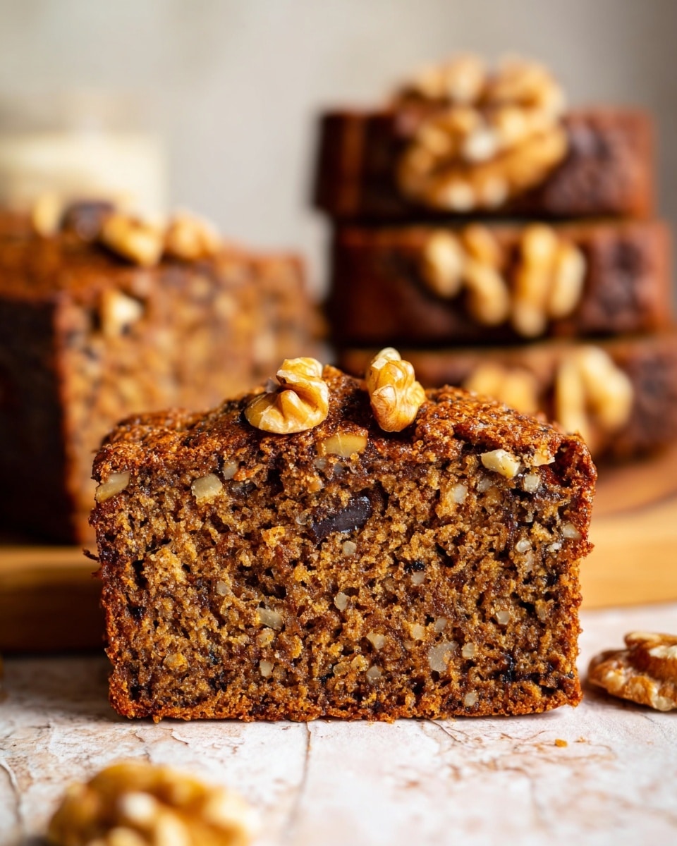 A close-up view of a moist, brown nut bread slice resting on a wooden surface with a white marbled texture in the background, showing a dense texture filled with chopped nuts inside, topped with a few walnut pieces on the crust; behind it, there is a stack of similar thick, rectangular slices also topped with walnuts, slightly blurred. The bread has a rich brown color with darker spots from nuts and chunks inside, making it look hearty and fresh. Photo taken with an iphone --ar 4:5 --v 7