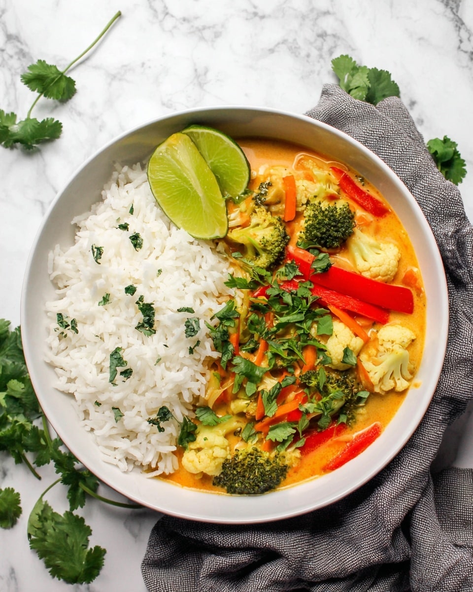 A white bowl filled halfway with plain white rice sprinkled lightly with small green herb leaves on the left side, and the right side contains a colorful vegetable curry with visible layers including green broccoli florets, pale yellow cauliflower, red bell pepper strips, and thin orange carrot pieces all mixed in a creamy, light orange sauce. Two green lime wedges are placed on top of the rice near the curry, and fresh green cilantro leaves garnish the center of the curry. The bowl rests on a grey cloth on a white marbled surface with some loose cilantro leaves nearby. photo taken with an iphone --ar 4:5 --v 7