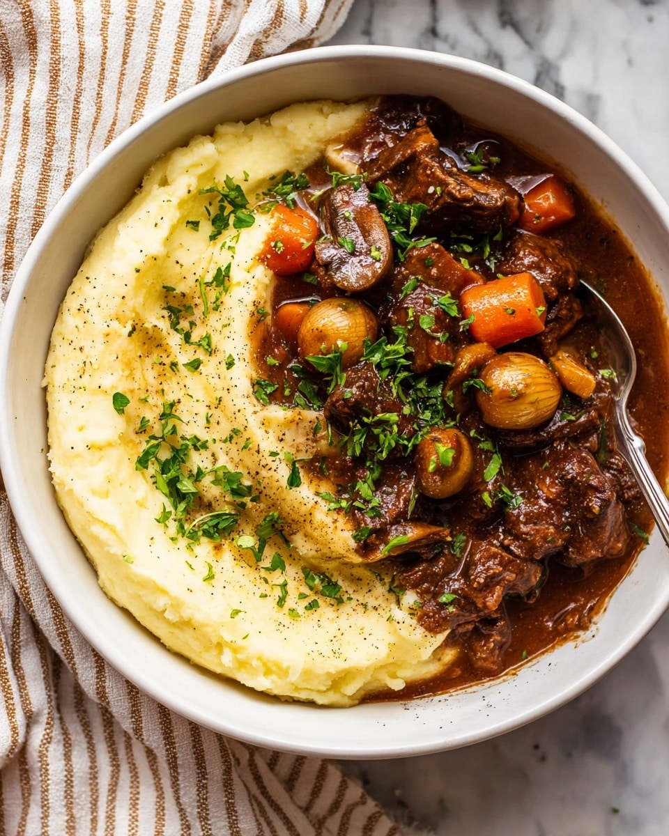 A white bowl filled with two main layers: the bottom half has smooth, creamy mashed potatoes in a pale yellow color, seasoned with black pepper and topped with finely chopped green herbs; the top half contains a rich, dark brown beef stew with tender meat chunks, small orange carrots, pearl onions, and mushrooms all coated in a glossy thick sauce, sprinkled evenly with chopped green herbs. A silver spoon rests on the right side slightly dipping into the mashed potatoes. The bowl is placed on a white marbled surface with a beige and white striped cloth nearby. Photo taken with an iphone --ar 4:5 --v 7