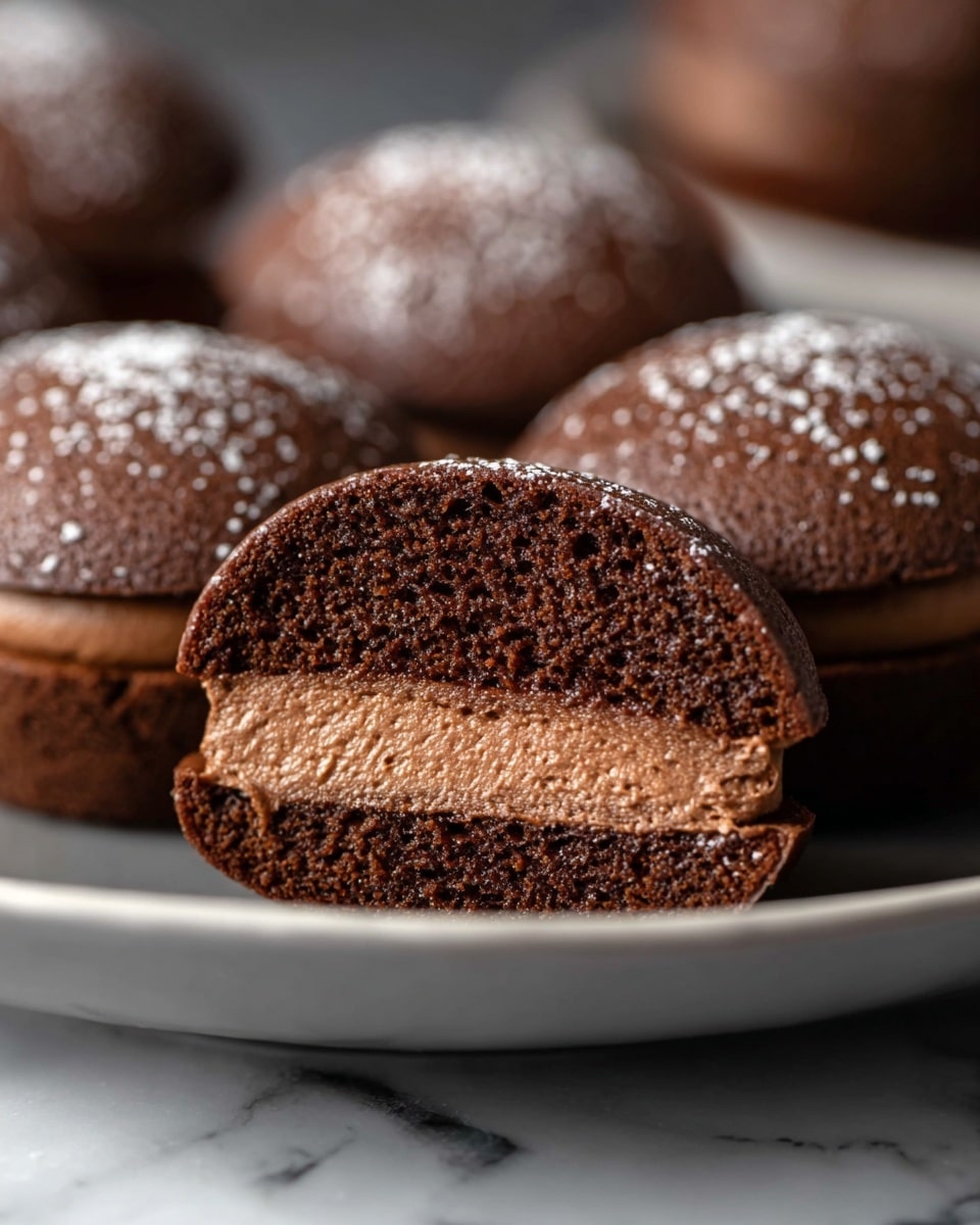 The image shows a close-up of small round chocolate cakes lined on a white plate, each cake has two layers: a dark brown soft sponge cake exterior and a smooth, lighter brown cream filling in the middle, visible in the front cake which is cut in half. The tops of the cakes have a slightly shiny texture with a light dusting of powdered sugar, adding a delicate finish. The background and surface have a white marbled texture, giving the scene a clean look. photo taken with an iphone --ar 4:5 --v 7