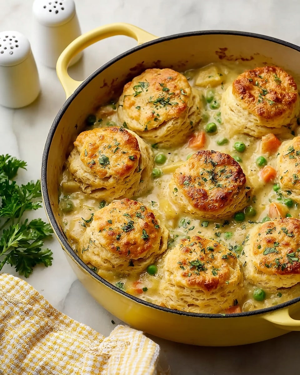 A yellow pan filled with a creamy stew that has visible pieces of green peas and orange carrots in the sauce. On top, there are eight golden-brown biscuits, round and puffy, showing clear layers with a flaky texture, sprinkled with green herbs. The pan is on a white marbled surface with a sprig of fresh parsley nearby and a yellow and white checkered cloth at the corner. In the background, there are white salt and pepper shakers slightly out of focus. Photo taken with an iphone --ar 4:5 --v 7