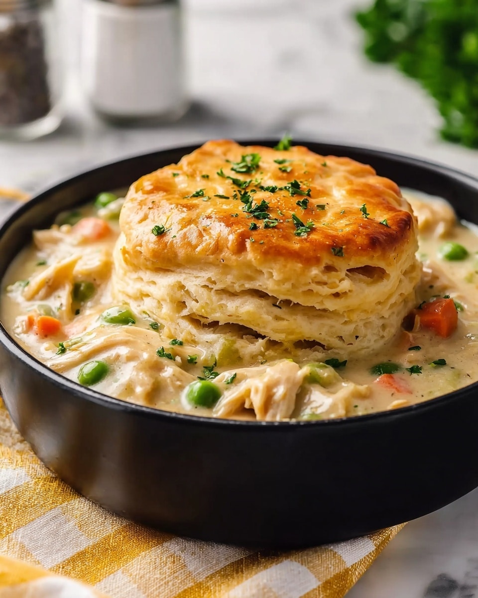 A black bowl sits on a folded yellow and white checkered cloth, filled with a creamy chicken and vegetable stew. The base is a thick cream sauce with visible green peas, small orange carrot pieces, and shredded chicken mixed throughout. On top, a large, golden brown biscuit with a slightly crispy, flaky texture is placed in the center, sprinkled with fresh green parsley. The biscuit shows three distinct layers, with a soft, fluffy inside and a shiny, browned crust. The white marbled surface beneath offers a clean and bright backdrop, while blurred salt and pepper shakers appear in the background. photo taken with an iphone --ar 4:5 --v 7