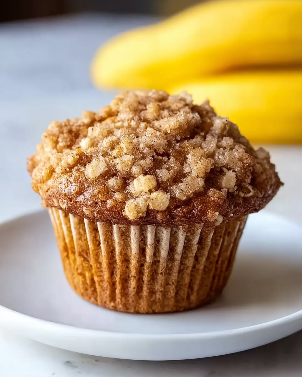 A close-up of a single textured muffin placed in the center of a white plate, showing a light brown spongy base with vertical ridges and a top layer filled with crumbly oat clusters and a slightly darker, crunchy surface. The background is softly blurred with yellow bananas, and the plate sits on a white marbled texture surface. photo taken with an iphone --ar 4:5 --v 7