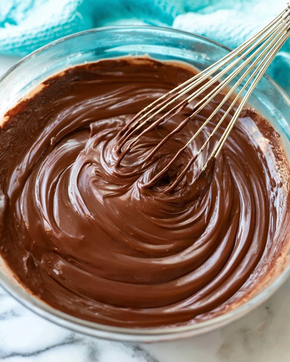 A close-up view of a thick, smooth swirl of dark brown chocolate mixture in a clear glass bowl, with a shiny silver whisk inserted into the creamy texture, creating flowing waves and ridges on the surface; the background is a white marbled texture with a blurred hint of a light blue cloth in the upper part of the image. photo taken with an iphone --ar 4:5 --v 7