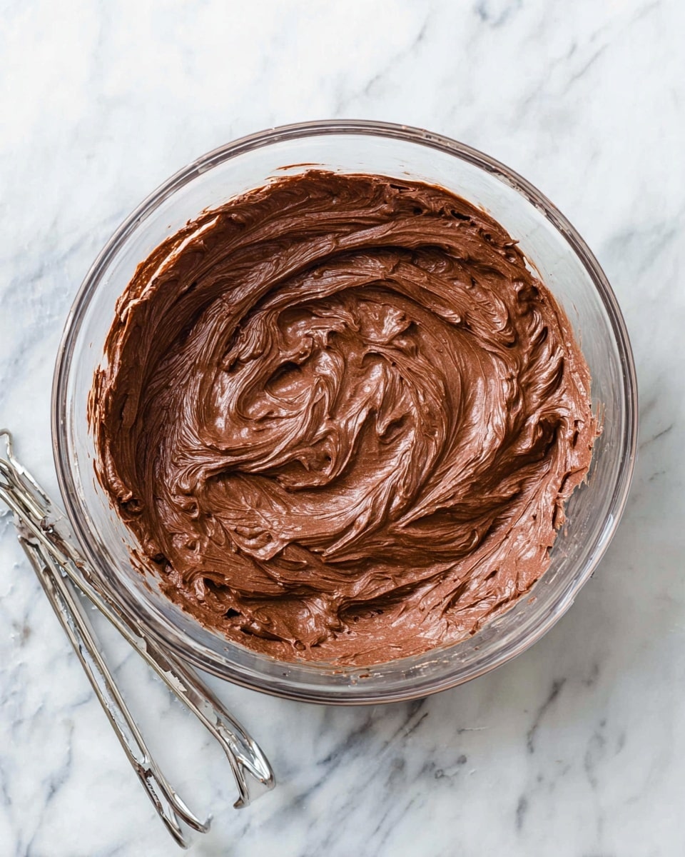A clear glass bowl filled with one thick, creamy layer of chocolate batter swirled smoothly with visible texture from mixing. The bowl sits on a white marbled texture surface, with two metal mixer beaters stained with chocolate resting nearby at the bottom left. The rich brown color of the batter contrasts with the bright white marbled background, emphasizing the thick, smooth texture of the chocolate mixture. photo taken with an iphone --ar 4:5 --v 7