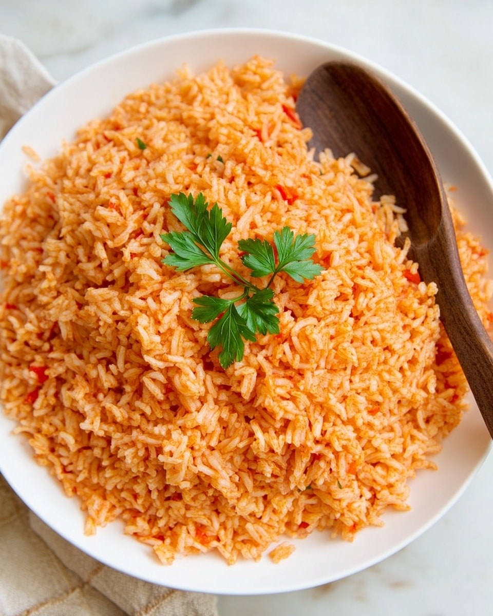 A white bowl filled with a single layer of orange-red cooked rice that looks soft and fluffy, with small bits of tomato mixed evenly throughout. On top of the rice, three bright green parsley leaves add a touch of color and freshness. A wooden spoon rests on the right edge of the bowl, partially covered by the rice. The bowl sits on a white marbled surface. photo taken with an iphone --ar 4:5 --v 7