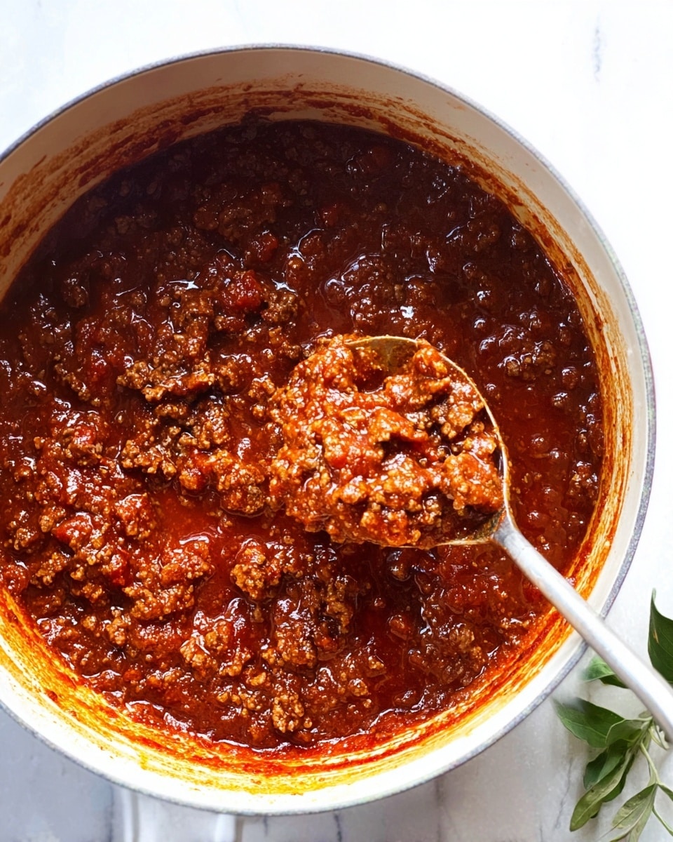 A close-up view of a white pot filled with thick, rich brown-red meat sauce with visible chunks of ground meat and glistening oil spots on the surface. A large metal spoon is scooping up the chunky sauce, showing its dense texture and oily sheen. The pot is placed on a white marbled surface, with a small green herb partially visible on the right side. photo taken with an iphone --ar 4:5 --v 7