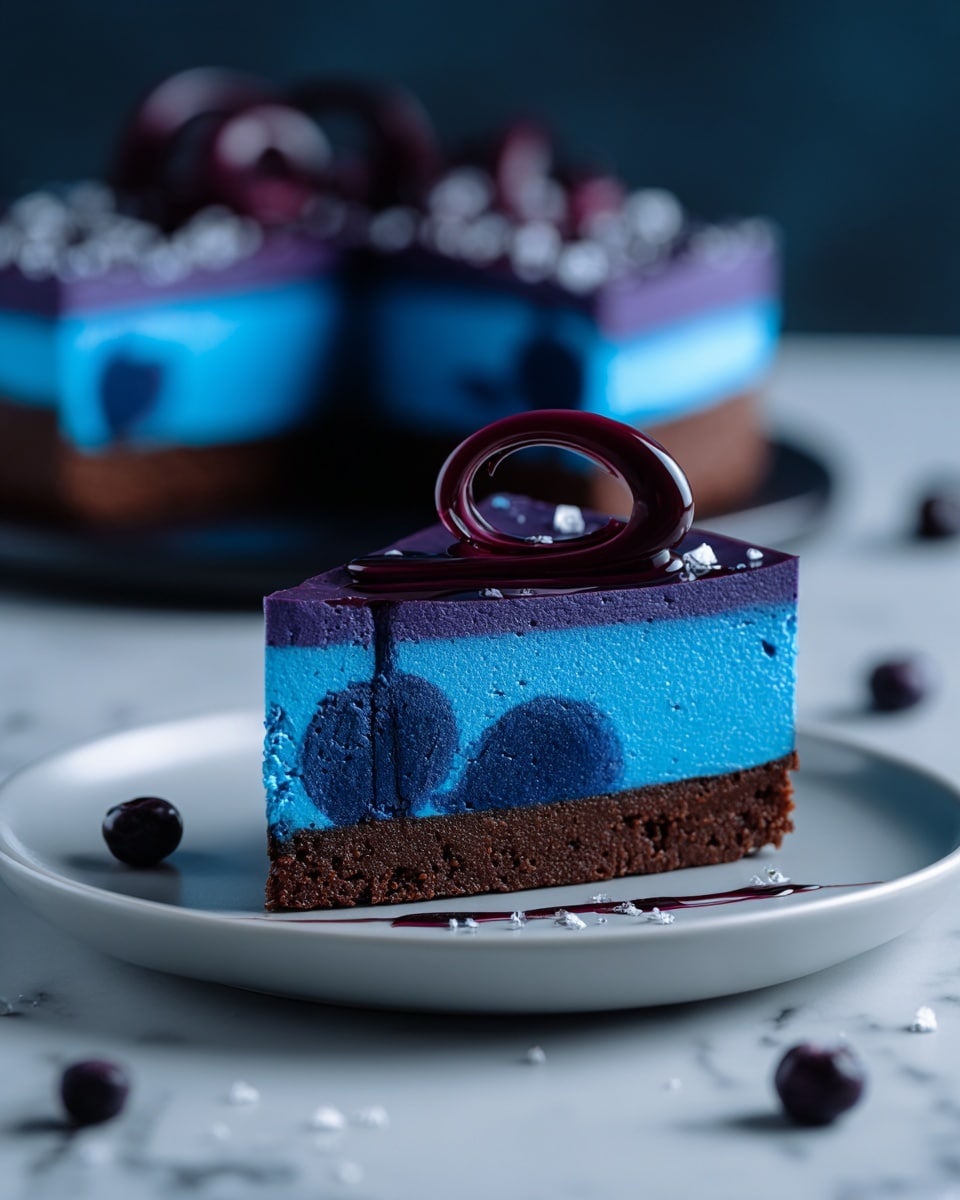 A three-layer round cake with one slice cut out, placed on a white plate; the bottom layer is a dark brown crumbly crust, the middle layer is a thick smooth purple-blue mousse with small air bubbles, and the top layer is a glossy deep blue with darker blue swirls creating a marbled effect; the cake's surface is smooth, and the edges are clean and sharp against the white marbled background. photo taken with an iphone --ar 4:5 --v 7