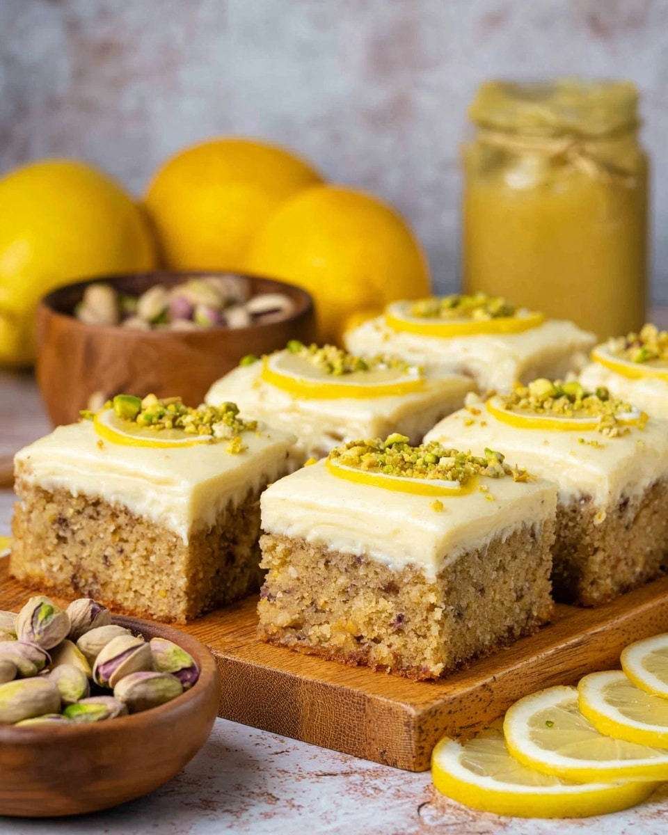 The image shows several pieces of square lemon pistachio cake arranged on a wooden board placed on a white marbled surface. Each cake has two layers: the bottom layer is a moist, light brown cake with visible specks of pistachio and lemon zest, and the top layer is a creamy, pale yellow frosting with smooth swirled texture, drizzled with a glossy lemon glaze and sprinkled with small green pistachio pieces. One piece is tilted, showing both the cake and the frosting thickness clearly. The board is decorated with lemon slices and some unshelled pistachio nuts scattered nearby. Photo taken with an iphone --ar 4:5 --v 7