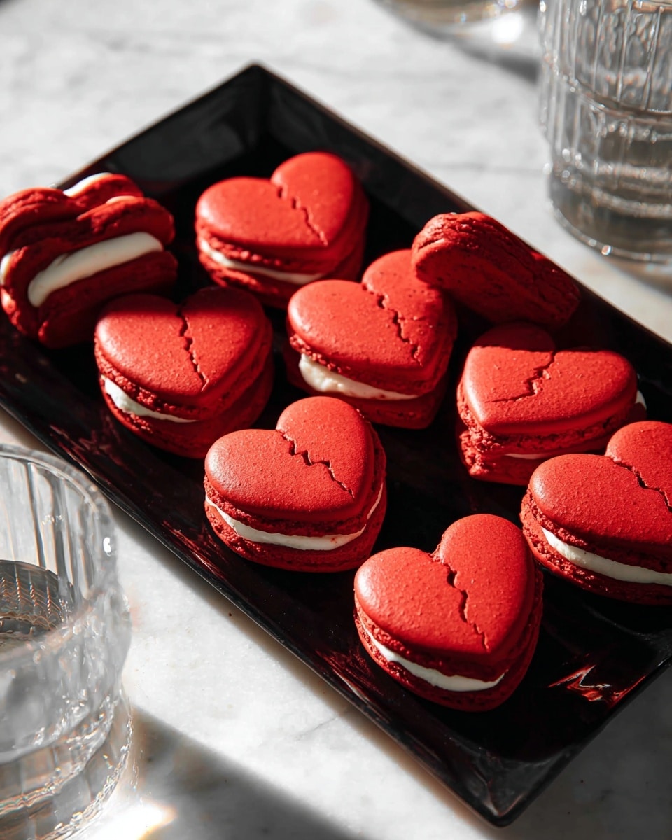 The image shows multiple red heart-shaped macarons on a textured black tray. Each macaron has two smooth, slightly shiny red shells with a visible airy texture and a layer of white creamy filling sandwiched in between. The macarons are spread casually, some laying flat while others are slightly tilted, highlighting the contrast between the bright red shells and the white filling. The backdrop is a white marbled texture adding an elegant touch to the presentation. photo taken with an iphone --ar 4:5 --v 7