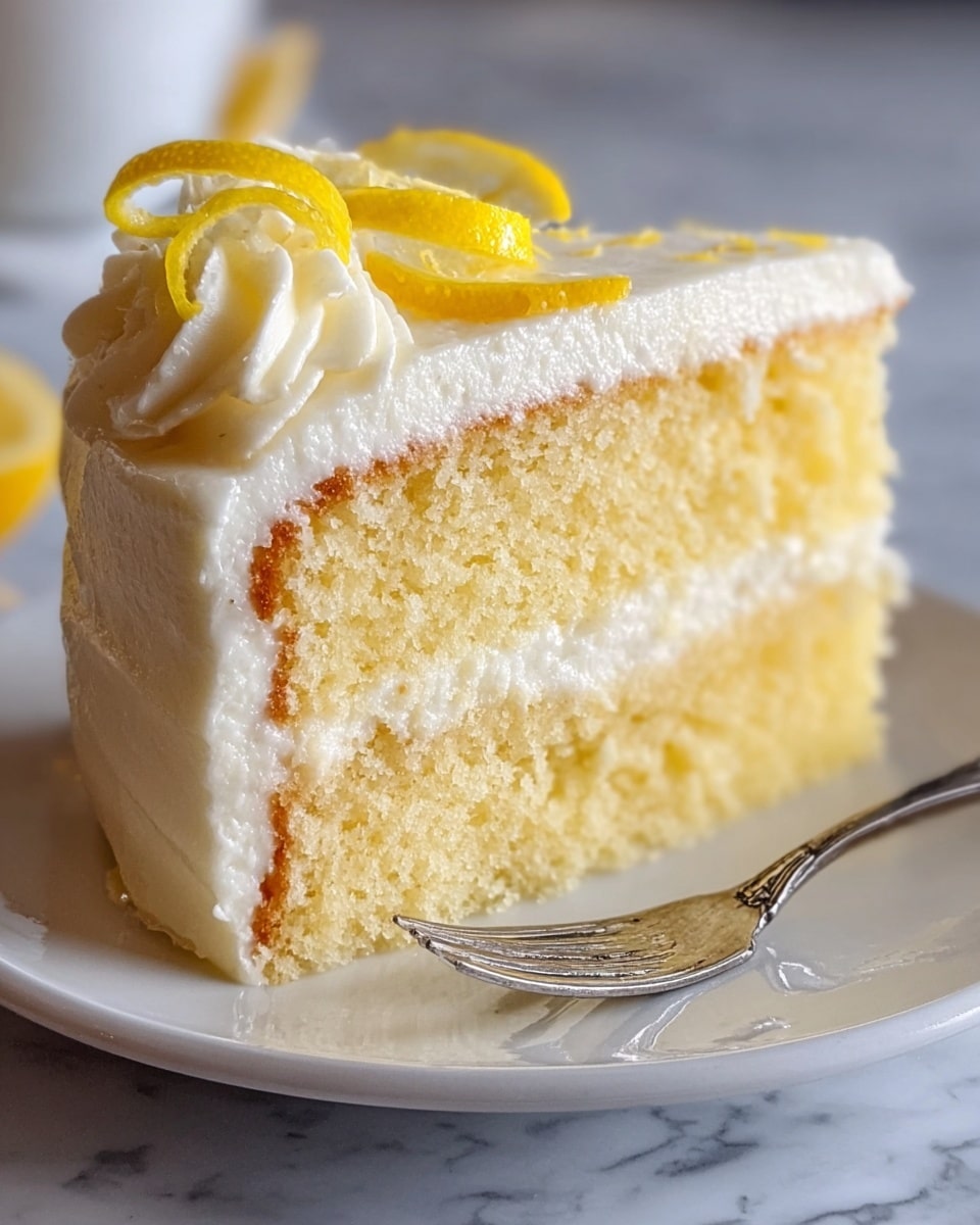 A slice of two-layer lemon cake with light yellow sponge layers separated by a thick, smooth white cream filling sits on a white plate. The top layer is covered with a creamy white frosting that looks soft and slightly fluffy. Thin lemon wedges and a small curl of lemon peel decorate the top, adding bright yellow color. There is a silver fork placed on the plate next to the cake slice, and the surface under the plate is a white marbled texture. The photo is close-up, showing the moist texture of the cake and the creamy frosting in detail. photo taken with an iphone --ar 4:5 --v 7