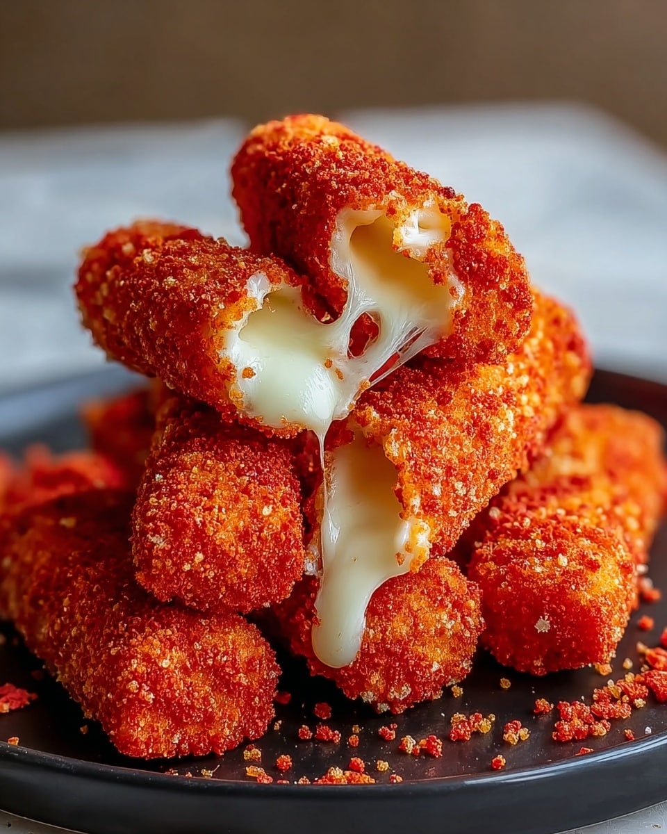 The image shows a stack of six fried mozzarella sticks on a dark plate, each coated in a bright red crumbly layer with some crumbs scattered around the plate. Two mozzarella sticks are broken open at the top, revealing gooey, melted white cheese stretching out. The texture of the crumbs is rough and grainy, giving a crunchy appearance, while the melted cheese looks smooth and creamy inside. The stack is centered with a close-up view, and the background is a soft focus that fades to neutral tones with a white marbled surface under the plate. photo taken with an iphone --ar 4:5 --v 7