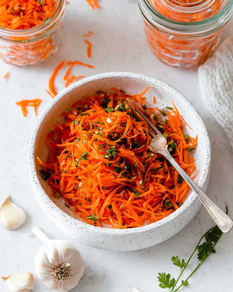 A white speckled shallow bowl is filled with bright orange shredded carrot salad mixed with small green herb pieces, with a silver fork resting inside, positioned on a white marbled surface; near the bowl, loose carrot shavings and green herbs are scattered alongside two garlic bulbs with peeled skins, and in the background there are two glass jars also filled with the same carrot and herb mixture. photo taken with an iphone --ar 4:5 --v 7