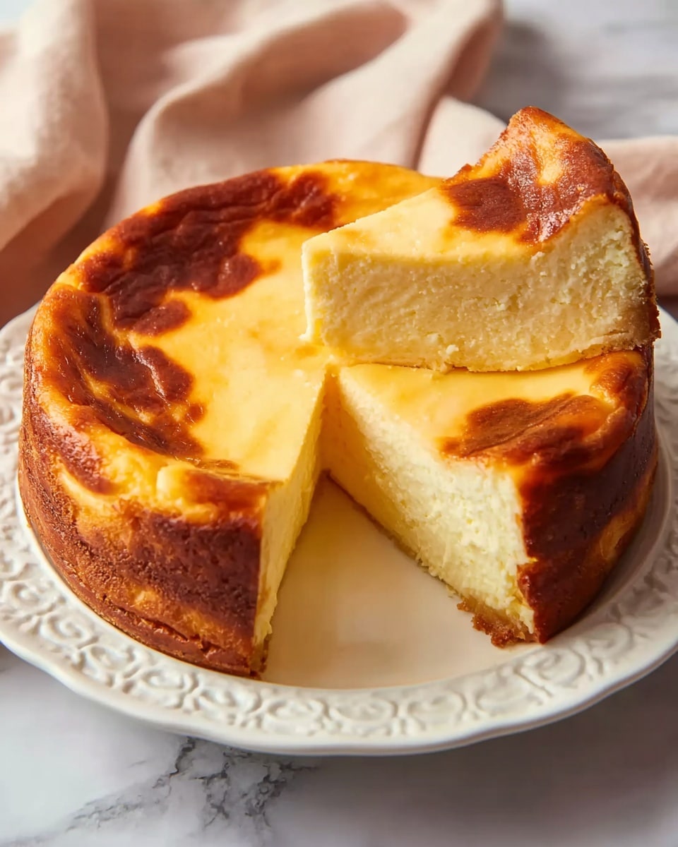 A round cheesecake with a golden brown crust on top and sides sits on a white decorative plate. One slice is cut and slightly pulled out, showing the creamy, pale yellow inside layer. The top has a smooth, slightly shiny texture with patches of deeper brown, while the cake’s edges are firm and browned. The white marbled surface and soft beige cloth in the background add to the cozy setting. photo taken with an iphone --ar 4:5 --v 7