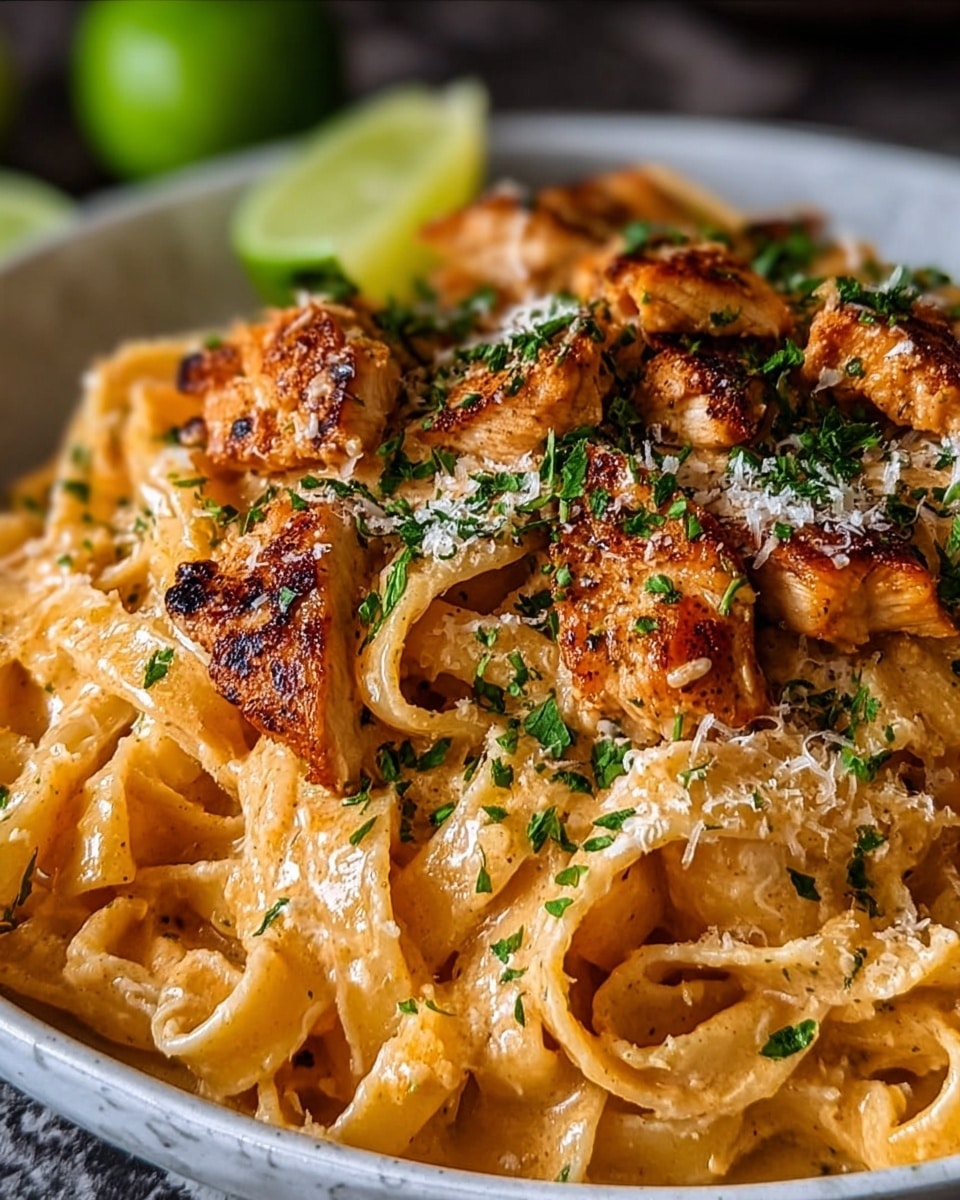 A close-up view of creamy pasta topped with golden-brown grilled chicken pieces, garnished with finely chopped green herbs and a light dusting of grated cheese. The pasta is thick and flat, fully coated in a creamy sauce with a warm, slightly orange hue, creating a rich texture. The chicken pieces are scattered on top, showing char marks and a juicy, tender look. In the background, there's a blurred lime half adding a hint of fresh green color, and the dish is set on a white marbled surface. Photo taken with an iphone --ar 4:5 --v 7