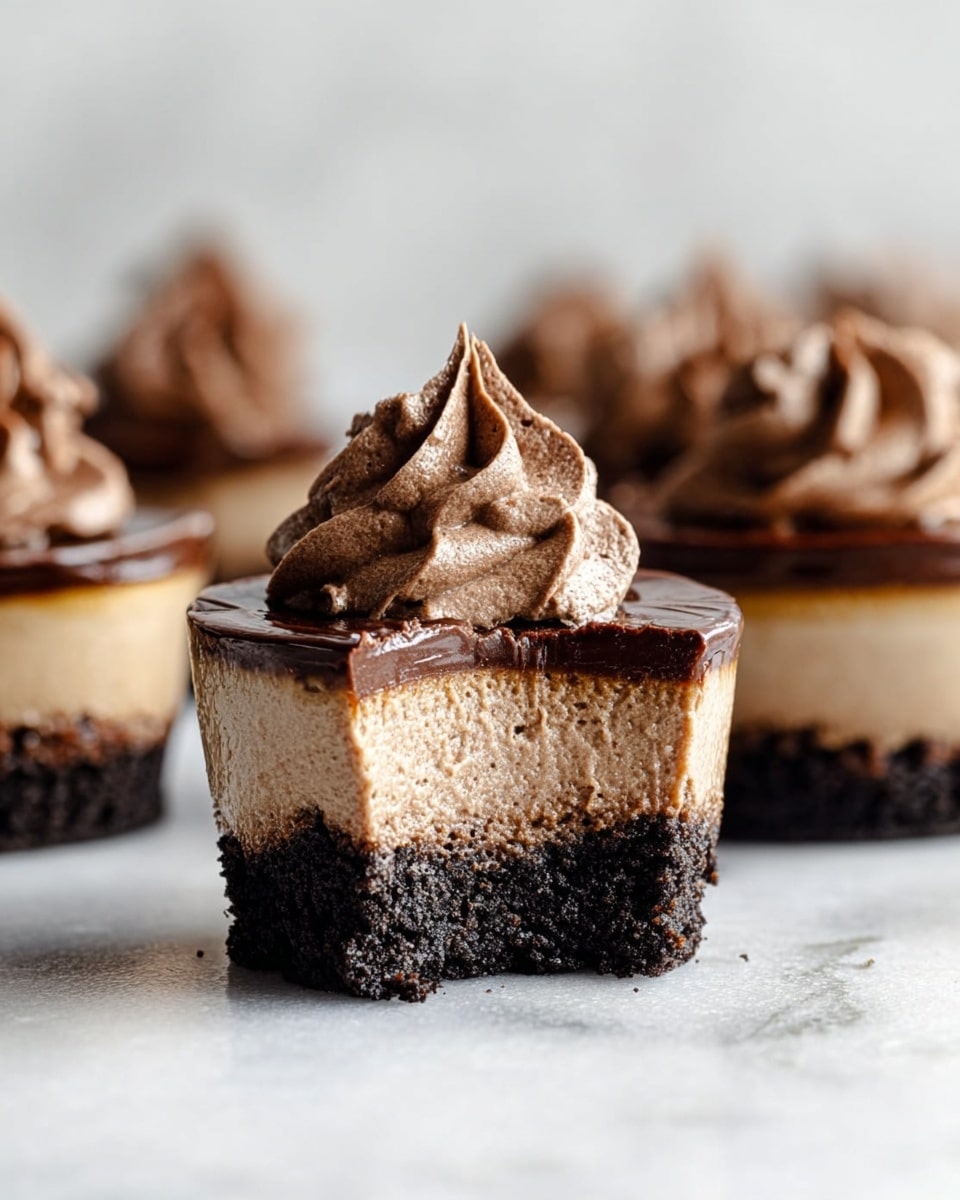 The image shows a small chocolate dessert cut in half to reveal three clear layers. The bottom layer is dark, crumbly, and looks like a cookie crust. The middle layer is thick and creamy with a smooth milk chocolate color. On top of this is a thin, shiny dark chocolate layer that spreads over the middle layer. The dessert is finished with a generous swirl of light, fluffy chocolate mousse on top. In the background, more mini chocolate desserts with similar mousse swirls are blurred out. The dessert sits on a white marbled surface. photo taken with an iphone --ar 4:5 --v 7