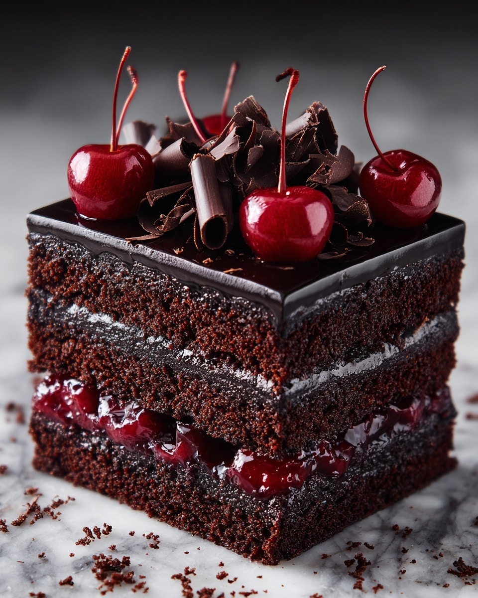 A rich chocolate cake slice with three visible layers of dark, moist chocolate sponge, sandwiched by a glossy, deep red cherry filling in the middle layer. The top layer is covered with a smooth, shiny dark chocolate glaze. On top, there are glossy red cherries with long stems, arranged around dark chocolate curls with a rough texture, creating height and contrast. The cake sits on a white marbled surface, with tiny chocolate crumbs scattered around. photo taken with an iphone --ar 4:5 --v 7
