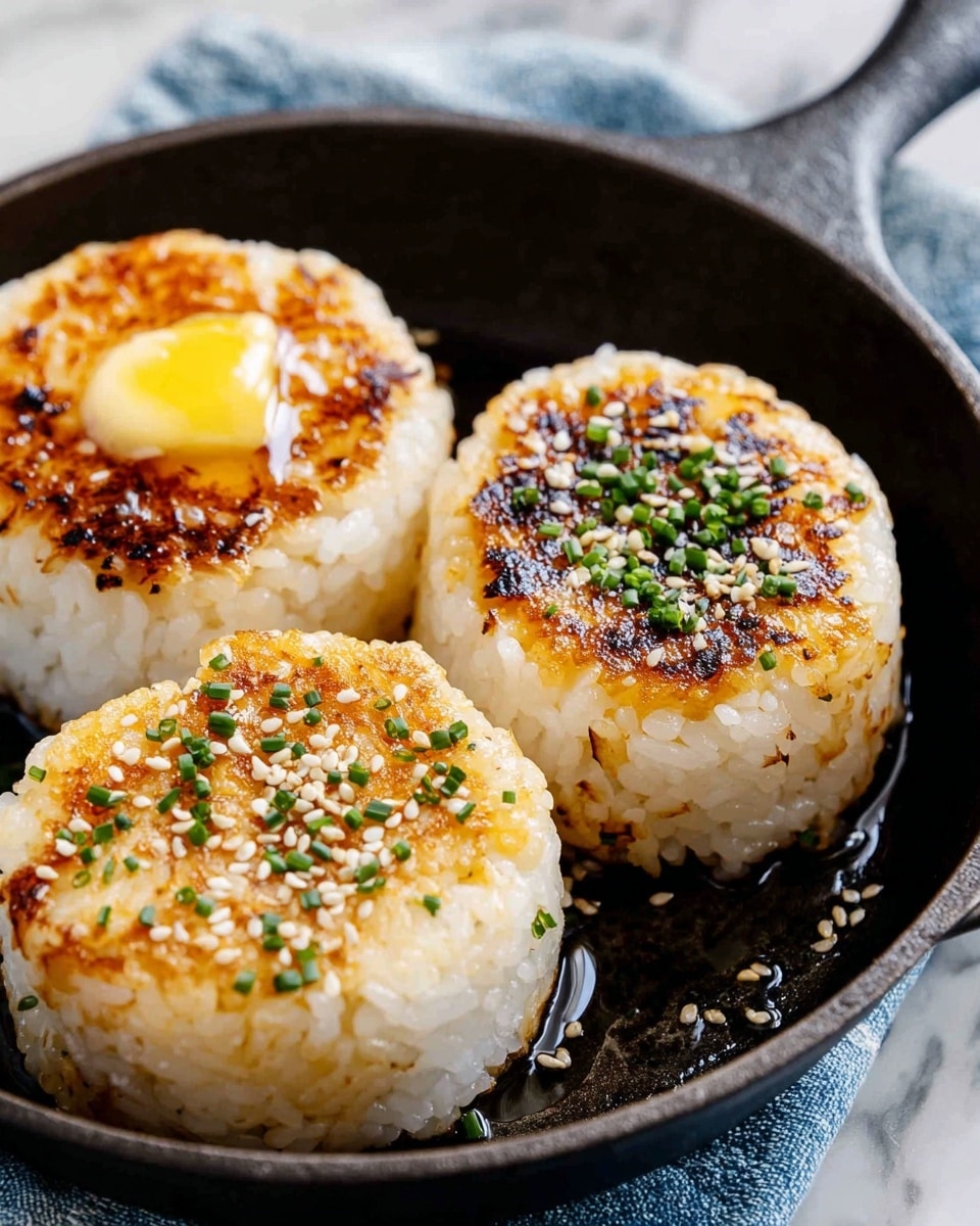 Three round grilled rice patties sit in a black cast-iron skillet on a white marbled surface with a blue and white cloth nearby. Each patty has a thick base of white rice, topped with a crispy, golden-brown grilled layer. The front-left patty has a small dollop of melted yellow butter on top, slightly melting into the crispy surface. The other two patties are sprinkled with green chopped chives and white sesame seeds, adding texture and color contrast. The skillet holds the three patties close together, creating a warm, inviting presentation. Photo taken with an iphone --ar 4:5 --v 7