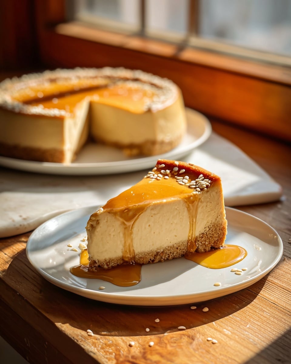 A single slice of creamy pie with a light beige filling rests on a white plate, showcasing three layers: a thin, crumbly brown crust at the bottom, a thick smooth beige middle filling, and a glossy, amber caramel topping sprinkled with small white sesame seeds, some caramel dripping over the edge onto the plate; in the background, the remaining larger pie with the same layers sits on a wooden surface near a window, all set on a white marbled texture. Photo taken with an iphone --ar 4:5 --v 7