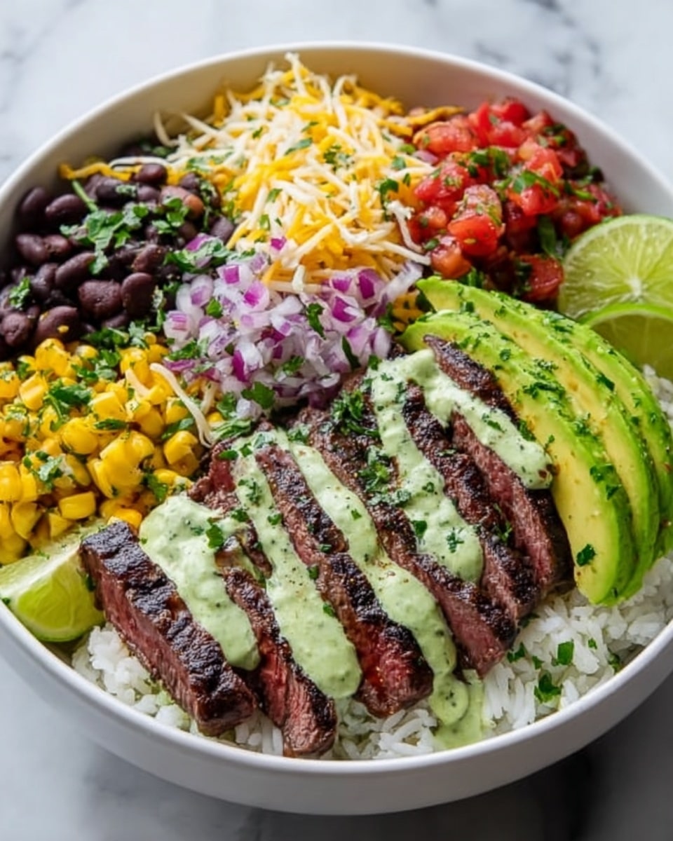 A white bowl filled with layers of food arranged neatly; the bottom layer is white rice, topped on one side with sliced grilled steak that is dark brown with a pink center, drizzled with a light green sauce. Next to the steak are slices of bright green avocado fan-shaped neatly. On the other side, there is a mix of yellow corn topped with shredded yellow and white cheese and sprinkled with chopped green herbs. Alongside the corn are black beans, and next to them is finely chopped red onion. On top in the middle, there is a small pile of red diced tomatoes mixed with some green herbs, and two lime wedges are placed on the edge of the bowl. The bowl sits on a white marbled surface, photo taken with an iphone --ar 4:5 --v 7
