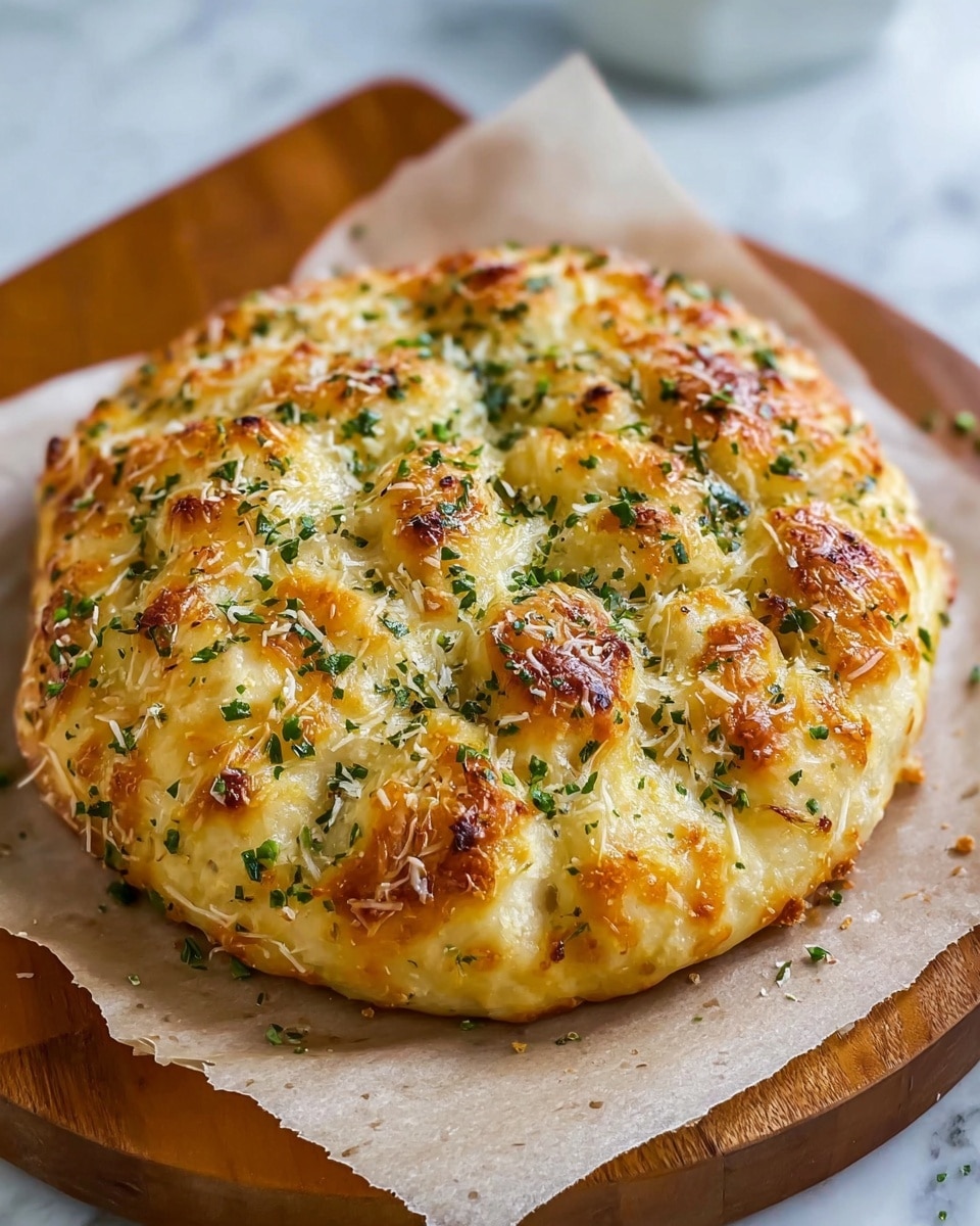 A round, golden-baked bread with a lightly browned top scattered with green herbs and melted cheese, showing a textured surface with small, unevenly puffed sections that give it a fluffy and soft look, resting on a sheet of parchment paper placed on a wooden board with a white marbled background visible beneath. photo taken with an iphone --ar 4:5 --v 7