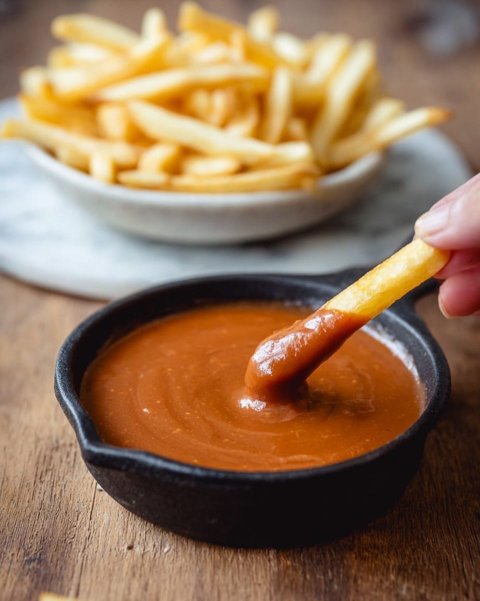 A close-up view of a golden-yellow French fry dipped halfway into a smooth, thick, reddish-brown sauce held over a small black cast iron dish filled with the sauce. In the background, there is a white bowl filled with pale yellow French fries on a white marbled surface. A woman's hand holds the fry, ready to dip it further, and the whole setup rests on a wooden table. photo taken with an iphone --ar 4:5 --v 7