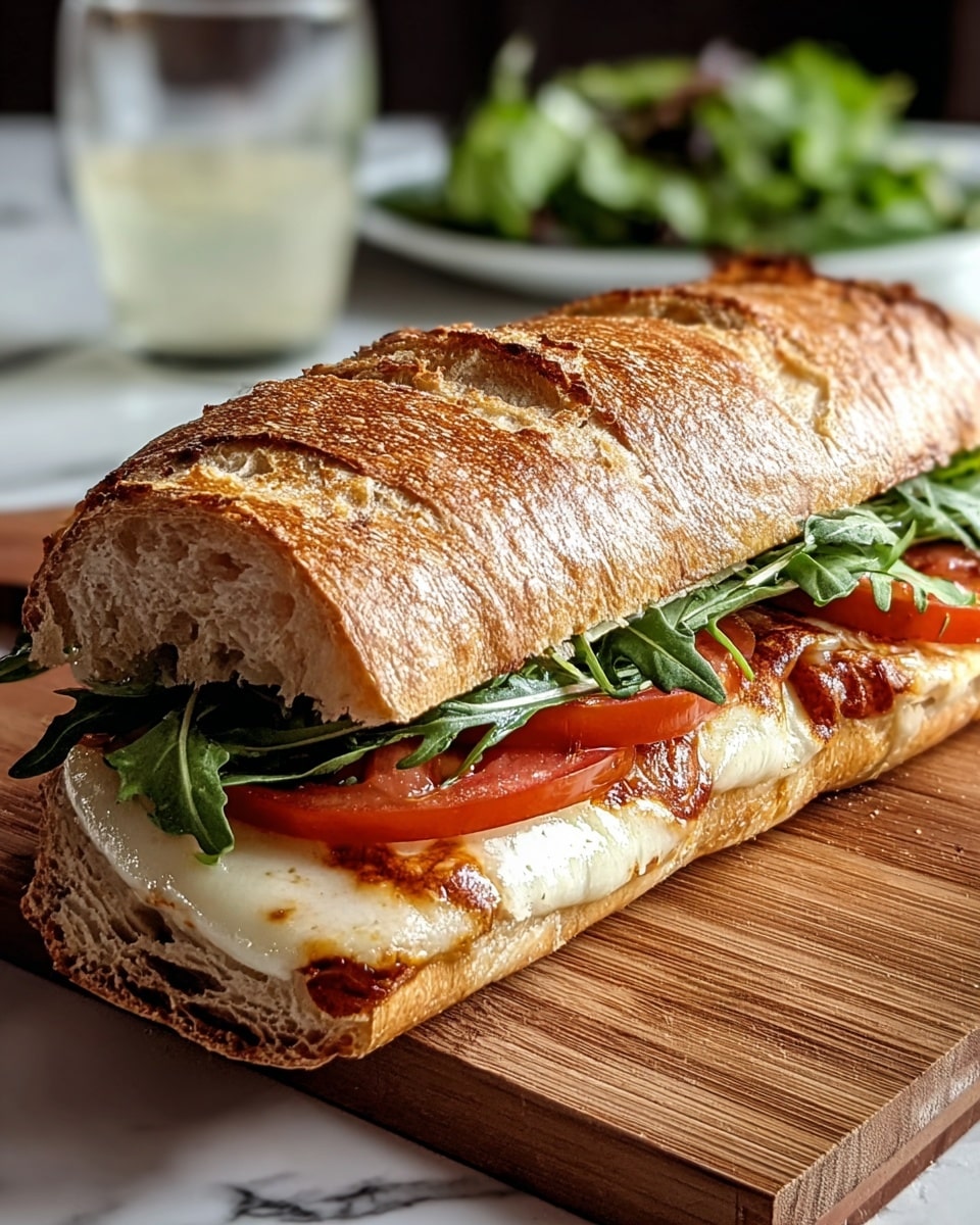 A sandwich on a rustic baguette with a golden, crispy crust and lightly toasted surface. The sandwich is cut lengthwise, revealing three visible layers: at the bottom, a fresh layer of green leafy arugula; above it, thick slices of ripe, bright red tomato; topped with melting, browned mozzarella cheese that oozes slightly over the tomatoes. The sandwich rests on a wooden board with a blurred glass and plate of greens in the background, all set against a white marbled texture. photo taken with an iphone --ar 4:5 --v 7