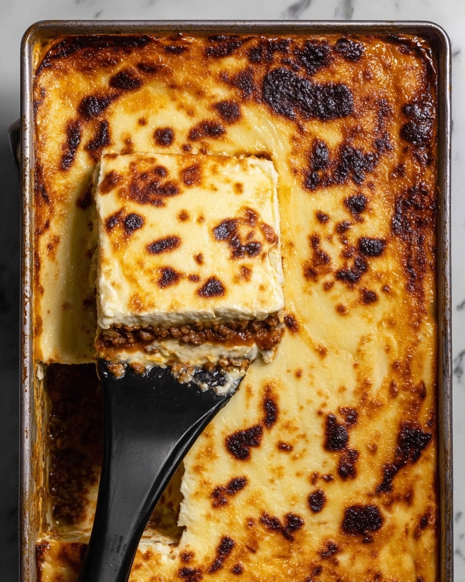 A slice of layered moussaka sits on a white plate with a silver fork resting beside it. The moussaka has four clear layers: the bottom is a soft light brown layer of cooked potato slices, above it is a layer of greenish eggplants mixed with tomato sauce, followed by a thick brown layer of minced meat with tomato sauce, and topped with a creamy off-white béchamel sauce that is golden brown and slightly charred on top. The slice shows a moist texture with some bubbling cheese spots. The background is a white marbled texture. Photo taken with an iphone --ar 4:5 --v 7