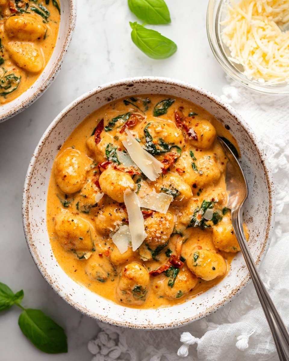 A white ceramic bowl with brown speckles holds a creamy orange sauce mixed with small gnocchi pieces. The gnocchi are soft and coated evenly in the rich sauce, which contains visible dark green spinach leaves and small red sun-dried tomato bits. Thin shavings of pale cheese are scattered on top, adding texture and contrast. A silver spoon rests inside the bowl on the right side. The bowl sits on a white marbled surface with a white cloth featuring small pom-poms slightly underneath. Another similar bowl is partially visible in the top right corner, and a small glass bowl with shredded cheese is in the top left. A few fresh green basil leaves decorate the scene. Photo taken with an iphone --ar 4:5 --v 7