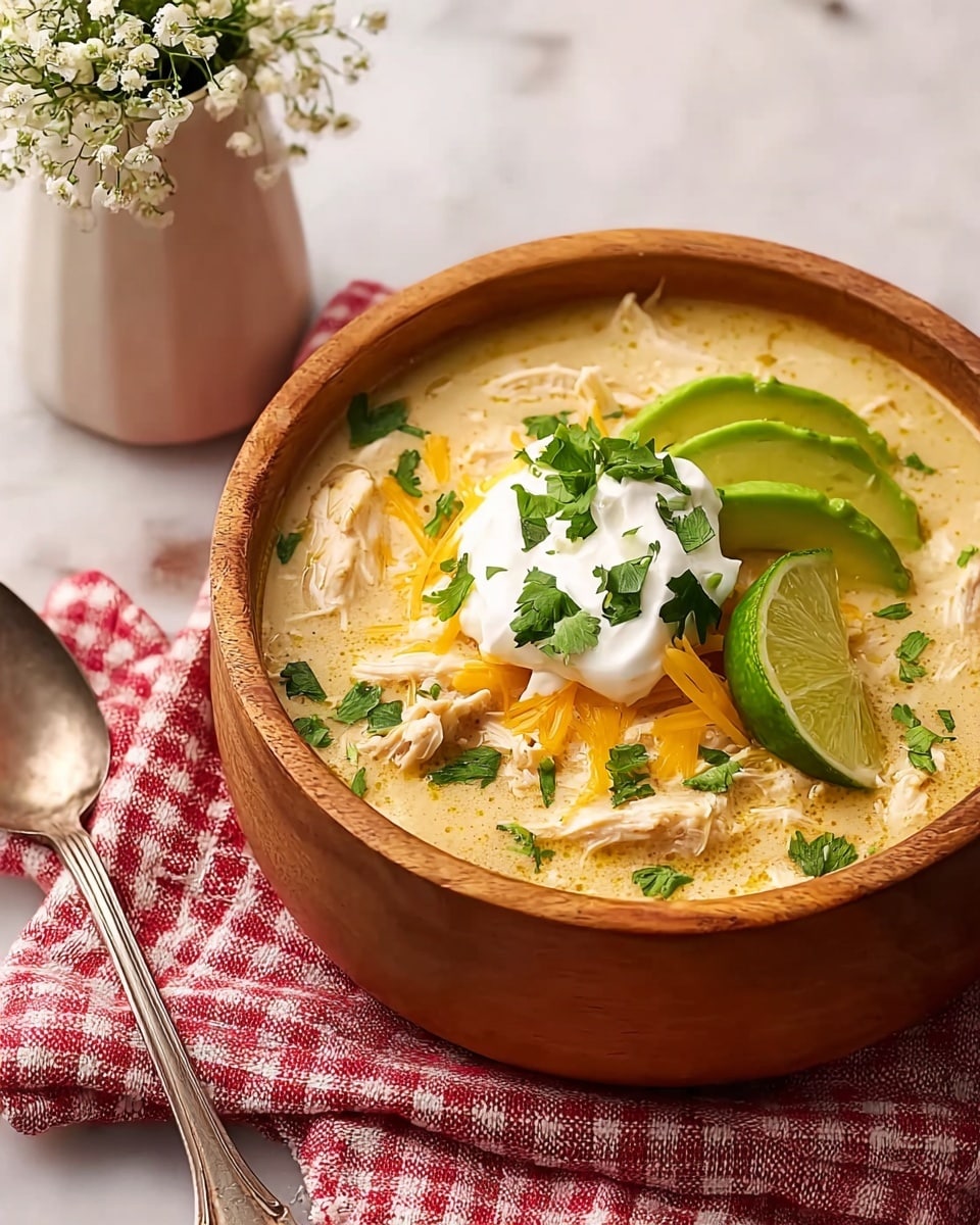 A wooden bowl filled with creamy chicken soup, showing shredded white chicken pieces in a light yellow, thick broth. On top, there is a layer of melted yellow cheese, a dollop of white sour cream sprinkled with green chopped cilantro, with three slices of green avocado and a wedge of lime resting on one side. The bowl sits on a red and white checkered cloth on a white marbled surface, next to a silver spoon and a white vase with small white flowers. photo taken with an iphone --ar 4:5 --v 7