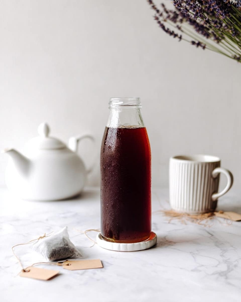 A tall, clear glass bottle filled with dark brown iced tea sits in the center on a small round white coaster, with condensation visible on the outside of the bottle, giving it a cool and fresh look. Around the bottle on a white marbled surface are two tea bags, one near the front and one to the left side, each with paper tags attached by strings. In the soft background, the left side features a white teapot with a short spout and a round handle, while to the right is a white ceramic mug with a thick handle and subtle ridges, both sitting on a white marbled surface. Behind the teapot and cup, a sprig of lavender with small purple flowers leans diagonally against a clean white wall. The whole setting has a calm and simple atmosphere with soft lighting. photo taken with an iphone --ar 4:5 --v 7