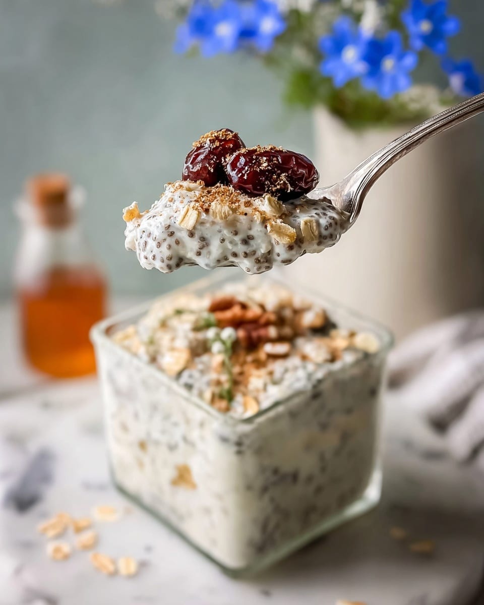 A close-up of a silver spoon holding a creamy white mixture with specks of black chia seeds and small oat flakes, topped with two shiny dark red dates dusted with a light brown powder. The spoon is lifted above a square transparent glass container filled with the same creamy mixture, sprinkled with small oat flakes and chia seeds on top. In the blurred background, there is a white vase with small bright blue flowers and a glass bottle with amber liquid, all set on a white marbled surface. Photo taken with an iphone --ar 4:5 --v 7