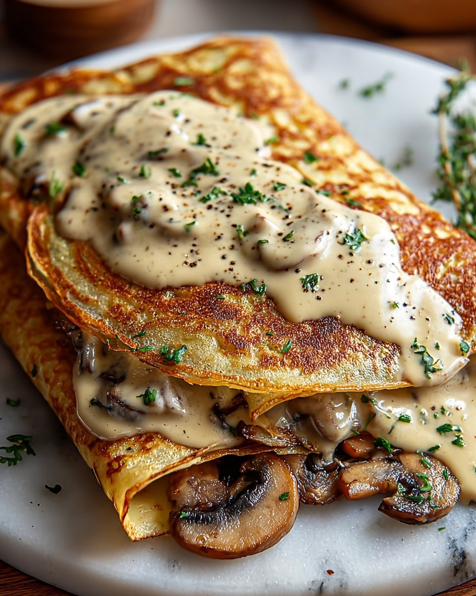 Two folded crepes with a golden brown, slightly crispy surface sit stacked on each other. They are covered with a creamy beige sauce that has visible pieces of mushrooms and is sprinkled with black pepper and chopped green herbs. The sauce drips slightly over the edges of the crepes onto the white marbled surface below. Some cooked mushroom slices are visible under the sauce near the crepes' base. photo taken with an iphone --ar 4:5 --v 7