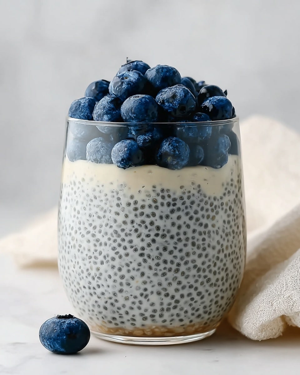 A clear glass filled with two layers: the bottom and main layer is a creamy light beige chia pudding with tiny black chia seeds evenly spread throughout, showing a slightly thick and smooth texture. On top, there is a layer of plump, fresh blueberries that are deep blue with a slightly frosted look, arranged to cover the pudding's surface fully. One blueberry rests outside the glass on the white marbled surface. Soft white cloth is visible to the right side of the glass. photo taken with an iphone --ar 4:5 --v 7