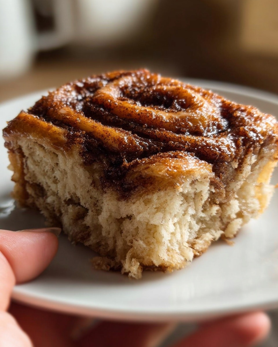 A close-up view of a single square piece of cinnamon roll showing three visible layers: the bottom layer is a light beige soft dough, the middle layer is filled with dark brown cinnamon spread that swirls through the texture, and the top layer is golden-brown baked dough with a slightly crispy and shiny finish from sugar glaze. The cinnamon roll rests on a smooth white plate, held gently by a woman's hand on the edge, with a softly blurred background. The photo is taken in warm light, highlighting the warmth and fluffiness of the pastry. photo taken with an iphone --ar 4:5 --v 7