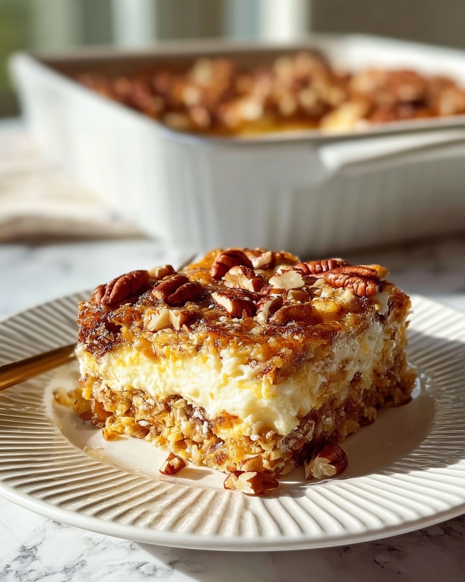 A square piece of layered dessert rests on a white plate with ridged edges, showing a golden-brown top sprinkled generously with whole and chopped pecans. The top layer is slightly crisp and nutty, while the middle layer is creamy and white, contrasting with the dense, textured base mixed with chopped nuts and golden baked ingredients. The dessert looks moist with a mix of crunchy and soft textures. In the background, a white baking dish filled with more of the dessert sits against a white marbled surface. The image is warmly lit with natural light coming from the side. photo taken with an iphone --ar 4:5 --v 7