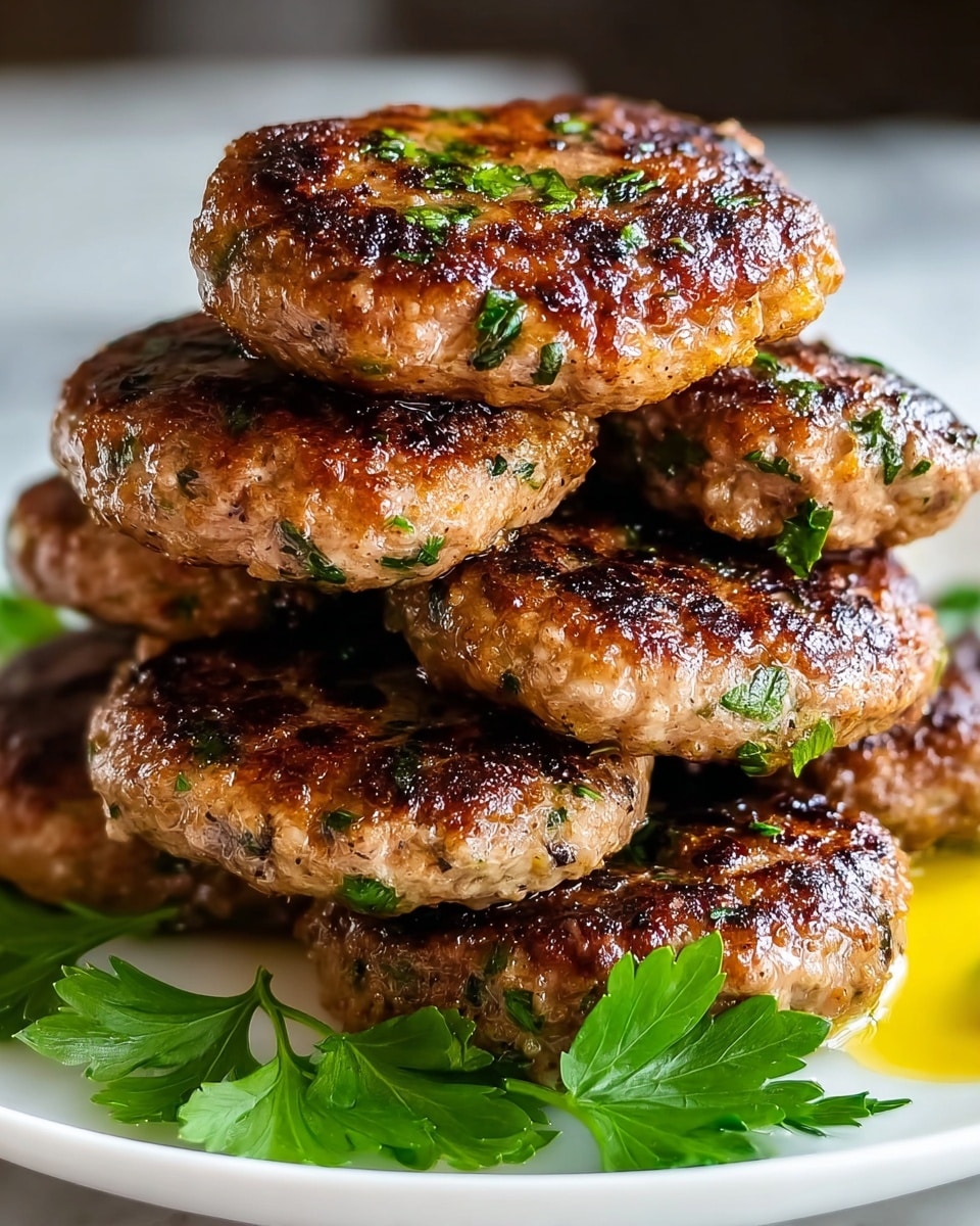 The image shows a stack of six grilled patties arranged in two layers: four patties forming the base and two stacked on top in the center. Each patty is golden brown with a slightly charred, crispy surface speckled with finely chopped green herbs. The patties have a juicy texture with a glistening finish from cooking oil. Around the base are fresh green parsley sprigs adding a pop of bright green color on the white plate, placed on a white marbled textured surface. photo taken with an iphone --ar 4:5 --v 7
