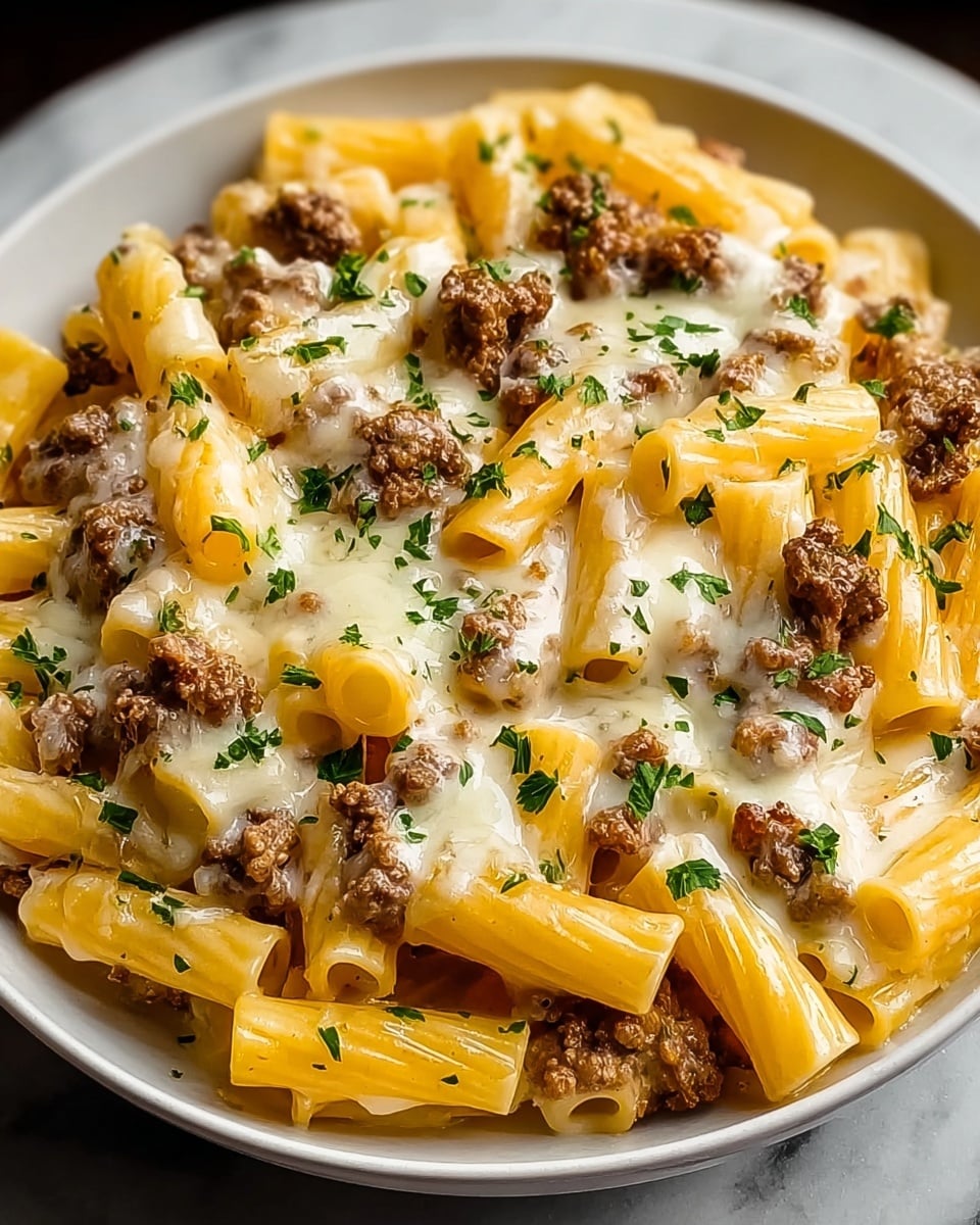 A white plate holds rigatoni pasta that forms the base layer, showing a creamy yellow cheese sauce coating each piece. Scattered over the pasta is a layer of browned ground beef with a slightly crumbly texture. Melted cheese in white and light yellow hues spreads evenly on top, creating a smooth, glossy finish. Small green parsley flakes are sprinkled all over, adding a fresh color contrast. The dish appears warm and rich, with a soft and inviting texture, placed on a white marbled surface. photo taken with an iphone --ar 4:5 --v 7