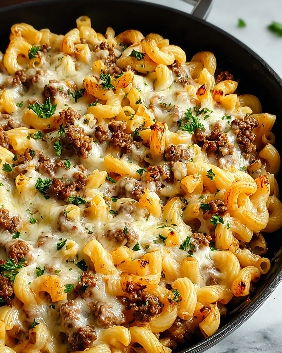 A black pan filled with one layer of light yellow cooked macaroni pasta mixed evenly with small brown cooked ground beef pieces, topped with a melted layer of golden and white cheese that looks creamy and slightly browned in spots, sprinkled with small green parsley leaves scattered on top, all placed on a white marbled surface. photo taken with an iphone --ar 4:5 --v 7