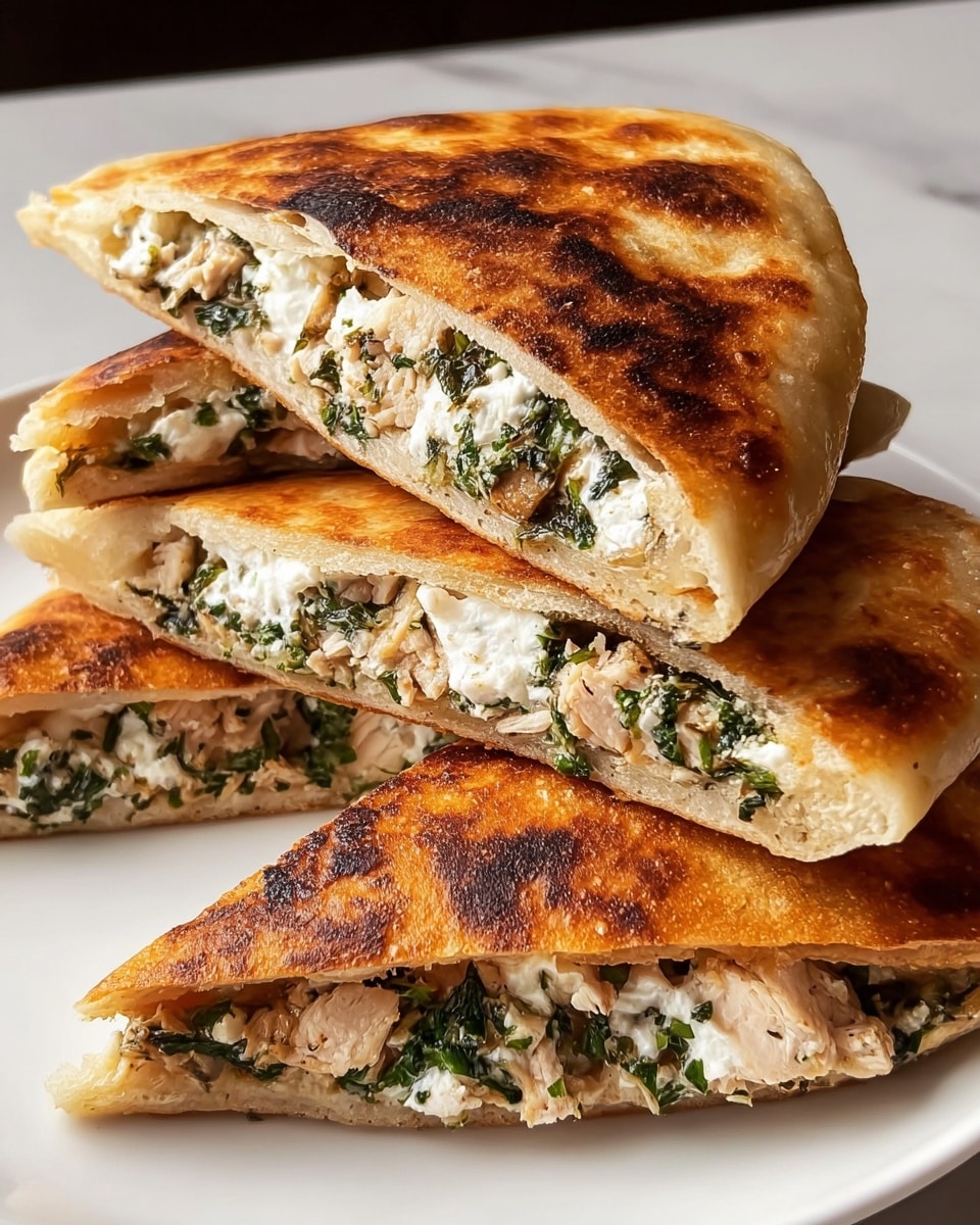 The image shows four pieces of a folded flatbread dish cut in half and stacked on a white plate, placed on a white marbled surface. Each triangular piece has two layers of golden-brown crispy flatbread with a slightly charred texture on the outside. Inside, there are two distinct filling layers: a white creamy layer that looks like soft cheese mixed with green herbs, and a cooked chicken layer that appears lightly browned and tender, mixed with more chopped green herbs. The filling layers are thick and evenly spread within the flatbread, showing a filling that is moist and rich. Photo taken with an iphone --ar 4:5 --v 7