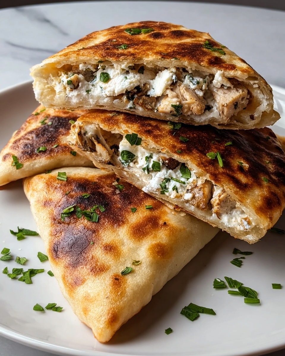 Three golden-brown stuffed flatbreads with a crispy, slightly charred surface are placed on a white plate sitting on a white marbled texture. One flatbread is cut in half and stacked on top of another, revealing two inside layers: a creamy white cheese with a crumbly texture mixed with small green herb pieces, and lightly browned grilled chicken chunks. The flatbreads are garnished with fresh chopped green herbs scattered lightly on top. photo taken with an iphone --ar 4:5 --v 7