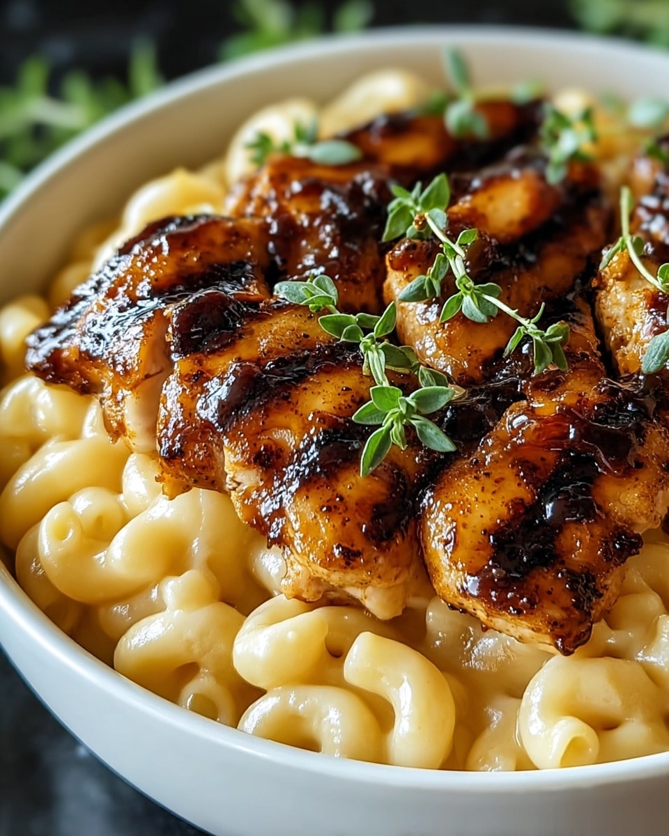 A close-up of a bowl of macaroni and cheese with a layer of golden grilled chicken pieces placed on top. The macaroni is creamy and pale yellow with a smooth texture, filling the white bowl evenly as the base layer. The second layer consists of juicy, shiny grilled chicken pieces covered in a dark caramelized glaze with visible grill marks, adding a rich brown and orange color. Fresh small green herb sprigs are delicately placed over the grilled chicken for a touch of color and freshness. The bowl sits on a white marbled surface. Photo taken with an iphone --ar 4:5 --v 7