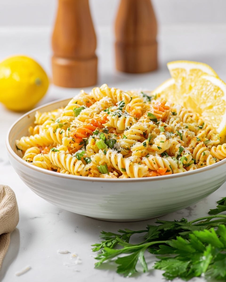 A white bowl filled with three layers of spiral pasta in cream, orange, and pale green colors mixed together, topped with small bits of green herbs and grated cheese, with two lemon wedges placed on the right side of the bowl; the bowl is set on a white marbled surface with fresh parsley leaves in front and a lemon half to the left, with blurred wooden salt and pepper grinders in the background. Photo taken with an iphone --ar 4:5 --v 7