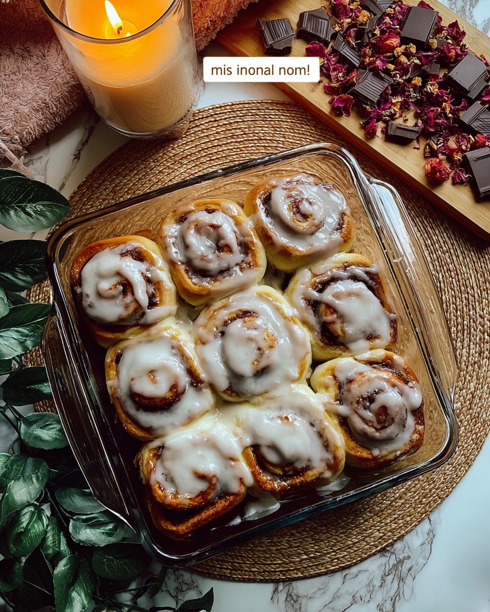 A clear glass baking dish contains nine cinnamon rolls arranged in a 3 by 3 grid. Each cinnamon roll shows a light golden-brown dough spiraled with a darker brown cinnamon layer, topped with thick, glossy white icing unevenly spread, covering most of the surface. The dish sits on a round woven placemat on a white marbled surface. Around the dish, there are dark green leaves, a lit white candle in a glass holder on the right, and a wooden board sprinkled with chocolate squares and red dried flower petals. Photo taken with an iphone --ar 4:5 --v 7