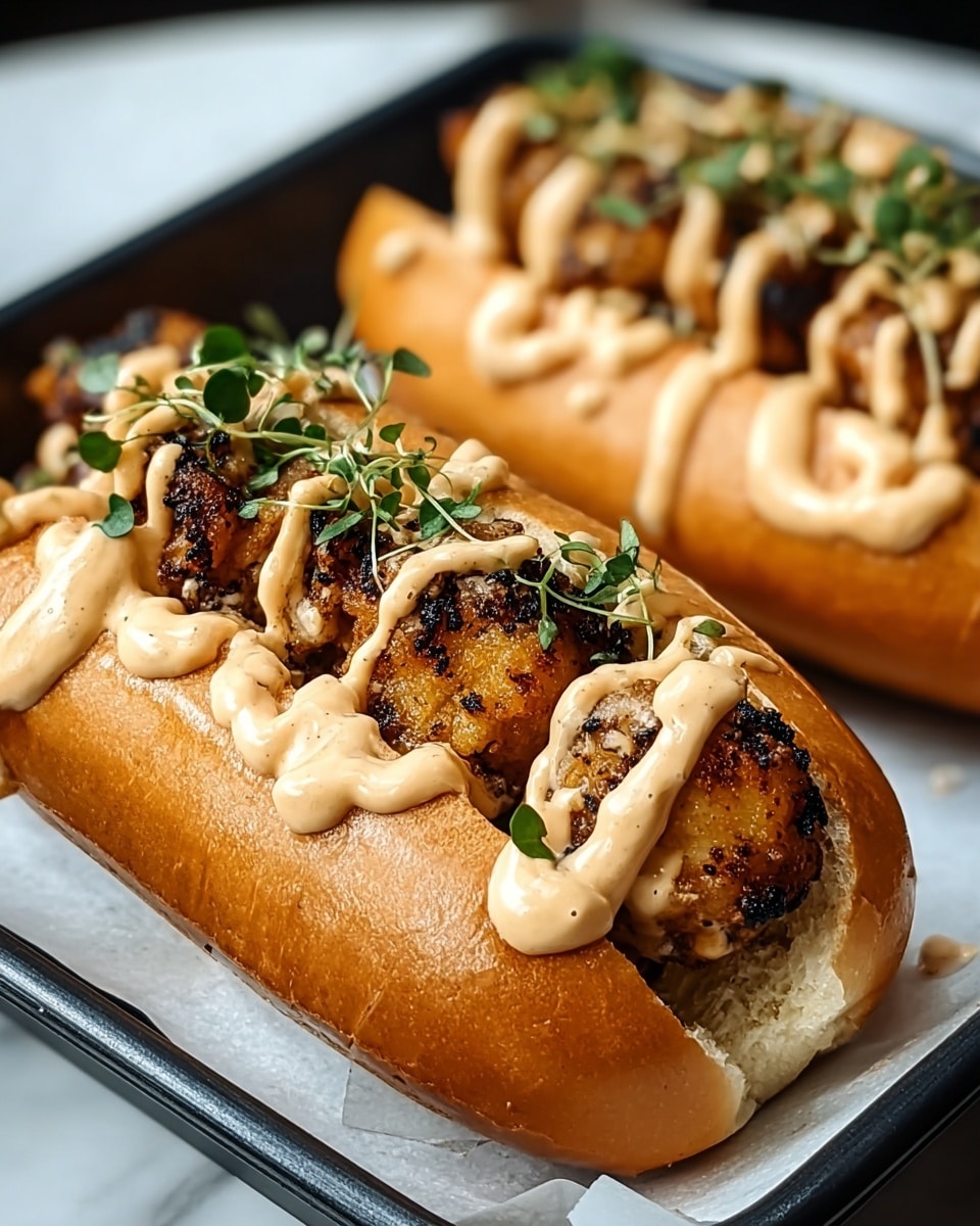 Two sandwich buns in white hot dog rolls sit on a white marbled surface lined with white paper inside a black tray. Each roll is filled with a layer of crispy, charred, golden-brown fried pieces, topped with light tan creamy sauce drizzled generously over the filling. Small green herb sprigs add a touch of color on top, highlighting the texture and richness of the sandwich. photo taken with an iphone --ar 4:5 --v 7