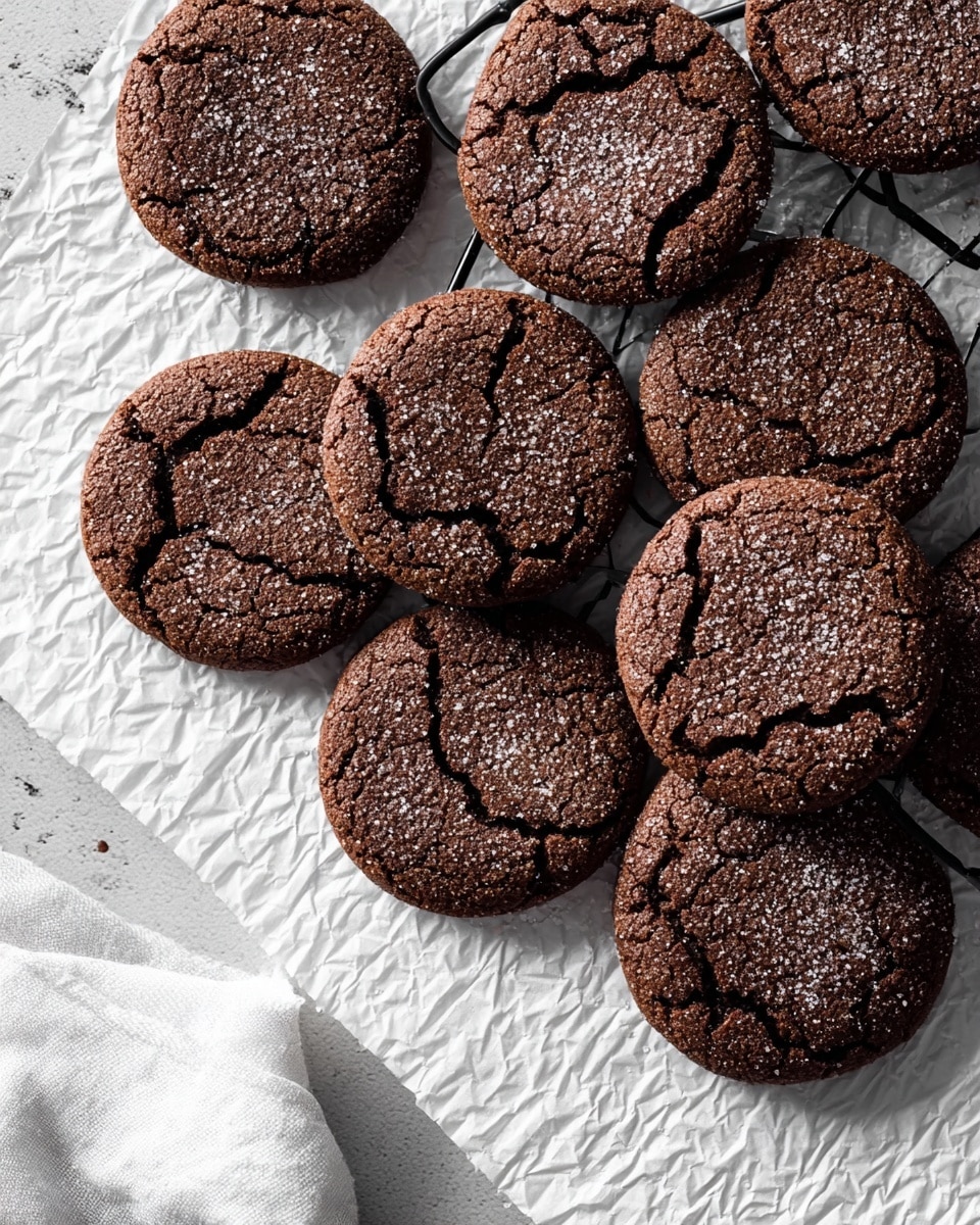 The image shows a group of round dark brown chocolate cookies with cracked surfaces sprinkled lightly with sugar on top. They are arranged on white crinkled parchment paper, which is placed over a black wire cooling rack. The cookies have a slightly rough texture caused by the cracks and sugar. Part of a white cloth is visible at the bottom left corner, and a white marbled surface is underneath the setup. photo taken with an iphone --ar 4:5 --v 7