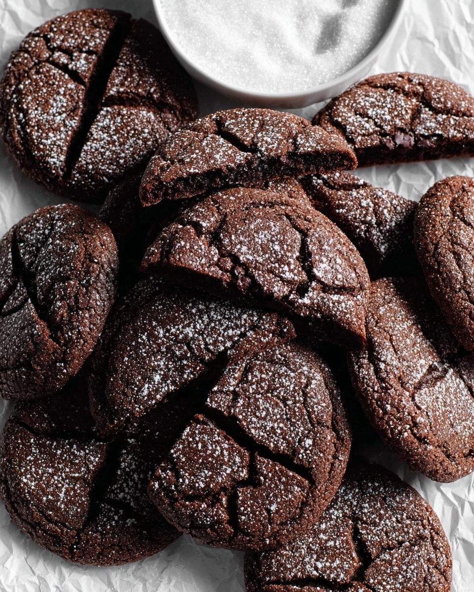 A pile of dark brown chocolate cookies with a cracked surface texture showing slight roughness and a light dusting of powdered sugar on top. The cookies are mostly cut into halves, arranged on white crinkled parchment paper, with a shallow white bowl filled with granulated sugar partially visible at the top. The cookies have a dense and slightly chewy appearance with sharp edges from being cut. The surface underneath is a white marbled texture. photo taken with an iphone --ar 4:5 --v 7